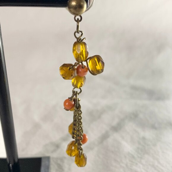 Bohemian Dangle Earrings - Amber Glass & Coral Beaded Jewelry - Brass Tone Chain - Picture 2 of 8